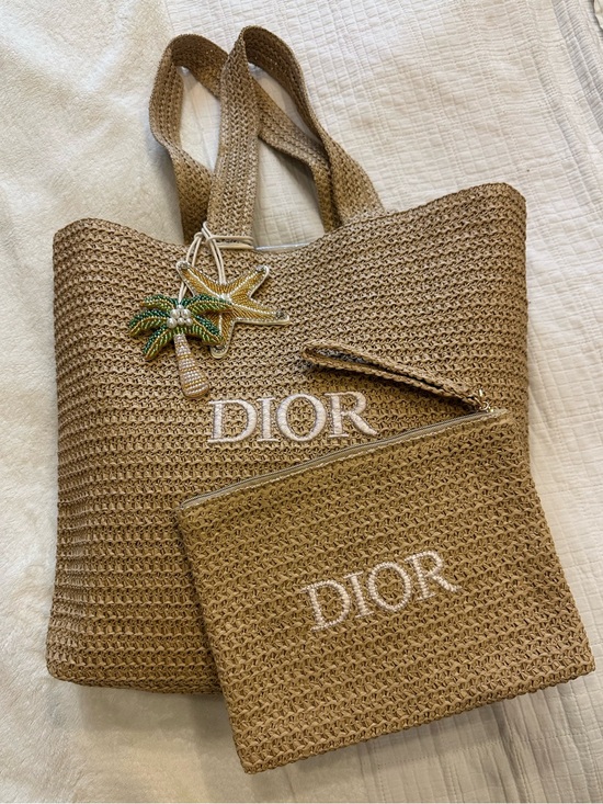 Dior Handbags - Dior Tan Raffia Tote w/ Matching Pouch & Palm tree and Starfish charms